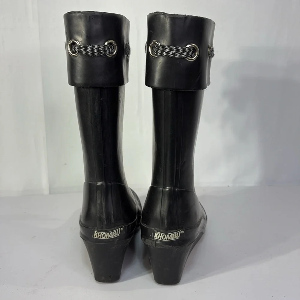 🫒 Khombu black wedge heel calf height rain boots